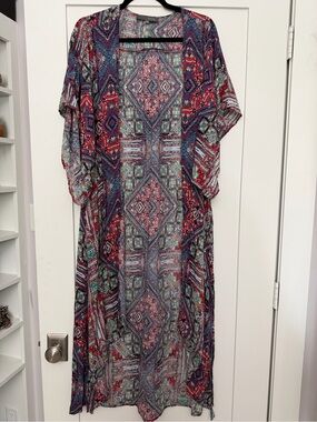 Tysa- Multicolor Geo Print Maxi Kimono Cover-Up